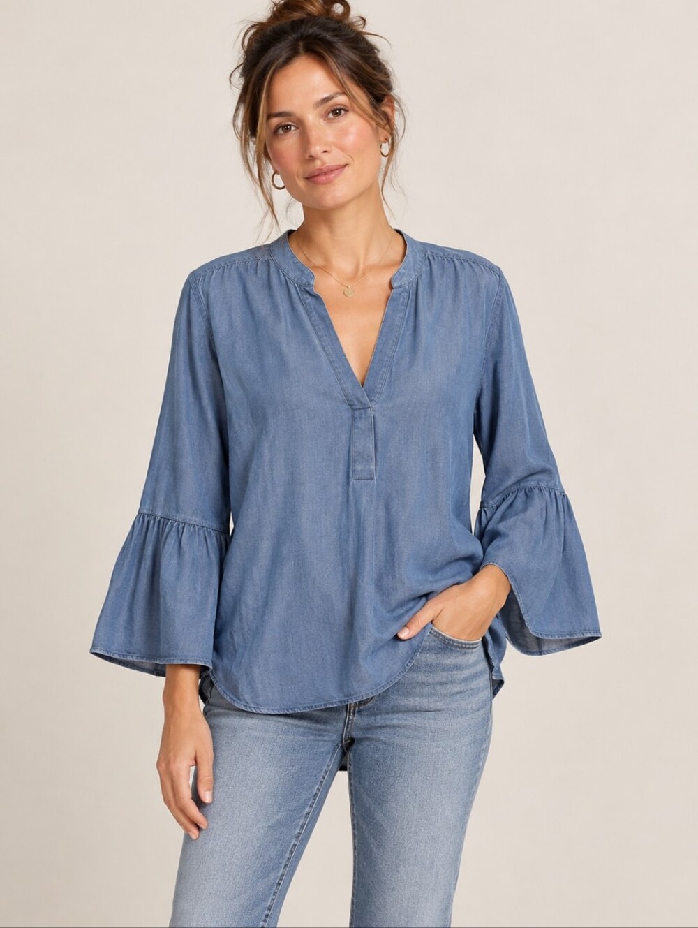 ❤️ LOFT THE SOFTENED BELL SLEEVE CHAMBRAY SHIRT / TOP, SMALL